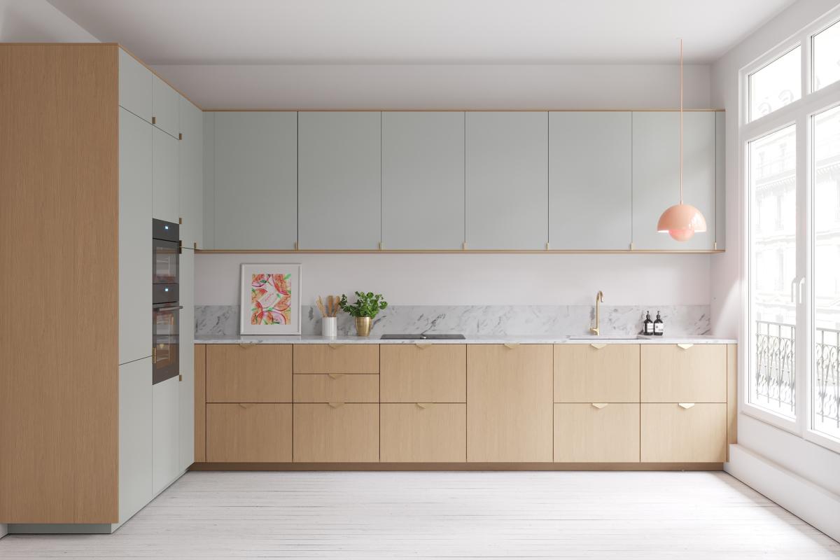 Küche aus zwei Materialien in GRÜN 01 - Amandier grisé & Eiche, Blenden in verschiedenen Farben